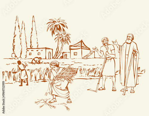 Vector drawing. Ruth and Boaz in the field