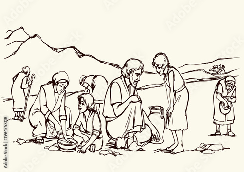 Vector illustration. People collecting manna in the desert.