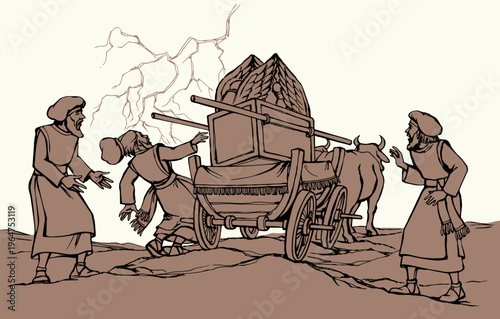 Vector drawing. The ark of the covenant being transported on a wooden cart pulled by two oxens