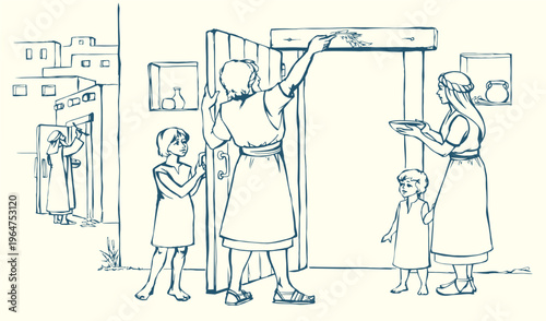 Vector drawing. The family fulfills God's command. Anoints the doorposts with the blood of the lamb