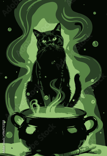 Mysterious Black Cat and Enchanted Green Potion in a Cauldron with Eerie Glow and Magical Atmosphere
