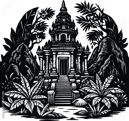 Black and white, ancient Khmer temple, jungle landscape vector illustration, sacred architecture