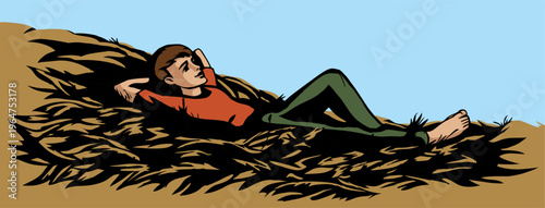 Vector drawing. A boy laying in a hay