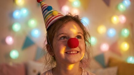 A joyful young girl with bright expressive eyes looking upward with wonder, wearing a brightly colored party hat tilted on her head and a round red clown nose on her face, pastel bokeh fairy lights