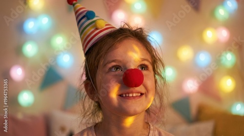 A joyful young girl with bright expressive eyes looking upward with wonder, wearing a brightly colored party hat tilted on her head and a round red clown nose on her face, pastel bokeh fairy lights