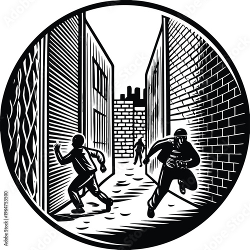 Urban alleyway scene, black and white illustration, crime drama artwork, vector graphic