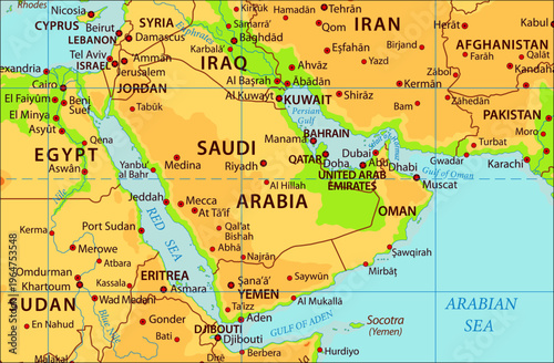 Vector political, physical, geographical
world map. Fragment of asia region with strait of hormuz,
iran, kuwait, persian gulf, oman gulf,
saudi arabia, qatar, oman, iraq, yemen, united arab emirates.