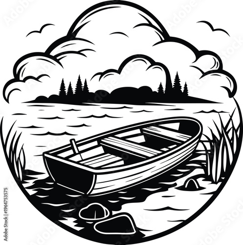 Black and white boat icon, lake scene illustration, vector nautical symbol, wooden rowboat
