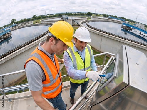 Two male engineers inspecting a control panel at a water treatment plant. Industrial workers in hard hats and safety vests monitoring equipment. Water management and infrastructure concept
