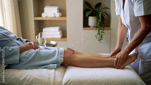 Elderly white woman receiving foot massage in spa salon - Caucasian senior leg and foot therapy treatment in relaxing wellness environment - body care concept