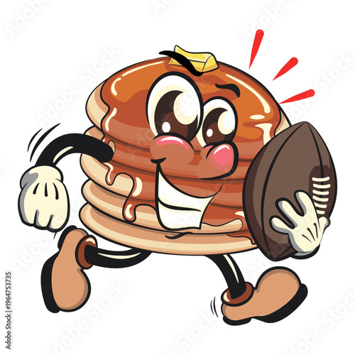 funny pancake stack cartoon mascot with syrup and butter breakfast food vector playing rugby and american football, work of hand drawn