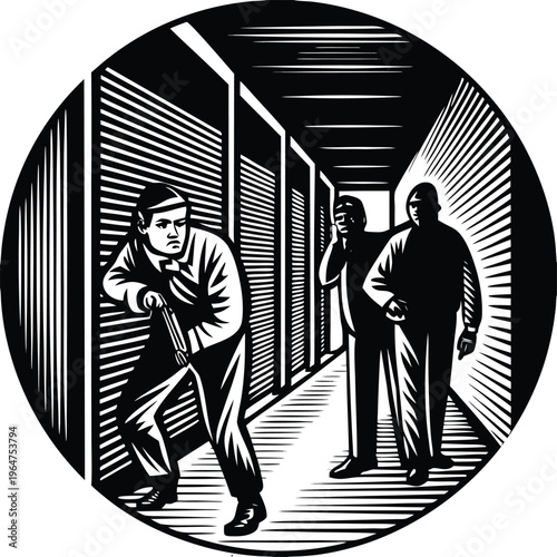 Black and white, crime scene, detective, investigation vector illustration, men in hallway with flashlight