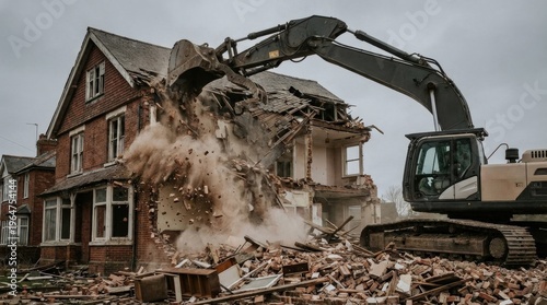 An old rundown residential structure being demolished by a large tracked excavator, the mechanical bucket arm penetrating the roof and exterior walls sending a cascade of broken brick, timber and dust