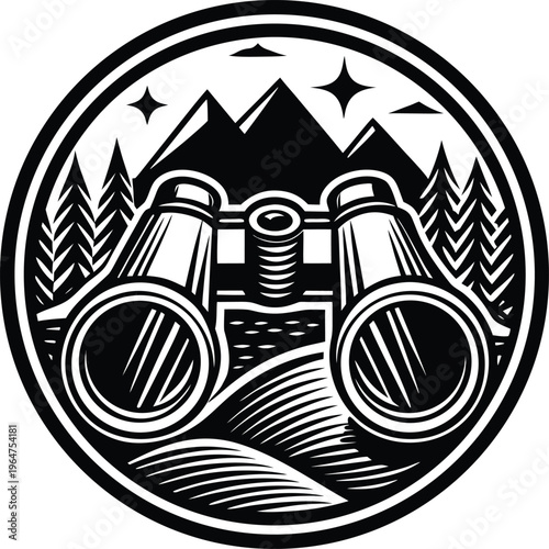Vintage binoculars, outdoor adventure, mountain landscape, black and white vector icon