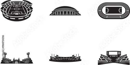 Stadium silhouette icons set featuring sports arenas, football and soccer venues, clean vector pack.