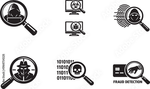 Fraud and hacker detection icon set with malware scan, cybersecurity investigation vector symbols.