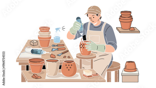 Potter at Work: A skilled artisan meticulously crafts a piece of pottery, showcasing the artistry of traditional craftsmanship, tools arranged and the clay creation process.
