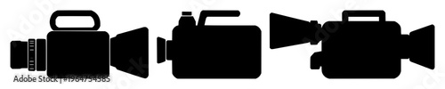 Video camera icon set with solid black icon on white background featuring camera, video, recording with technology and media