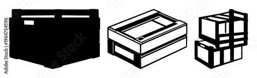 Solid black icon, white background: stackable crate icon set with simple line art design featuring simple design, minimalist, black and white with illustrations and graphics