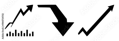 Downward market trend chart icon set with solid black form on white background featuring line chart, bearish trend, monetary indicator with finance and analytics