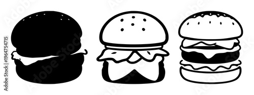 Plant-based meat burger icon set with solid black outline on white background featuring plant-based burger, simple line art, minimalist with black and white and food illustration