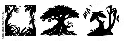 Rainforest canopy protection set with solid black icon on white background featuring eco, sustainability, nature with graphics and illustration