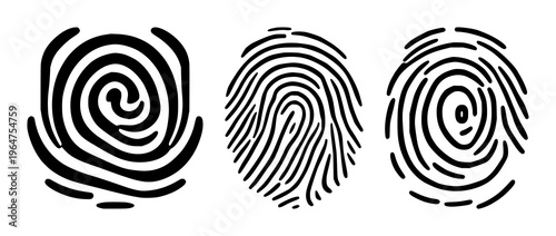 Fingerprint scan loop icon set with solid black design on white background featuring biometric, fingerprint, scan loop with line art and simple