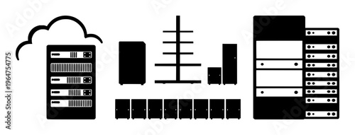 AI server rack icon set with solid black design and white background featuring cloud computing, server rack, AI, technology with graphics and illustration