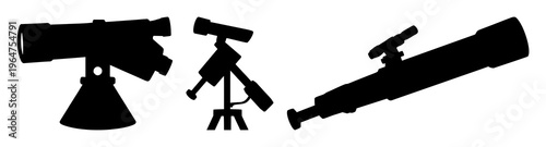 Telescope set with solid black icon against white background featuring telescope, stargazing, astronomy with vector and illustration