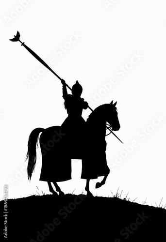 Silhouette of a medieval warrior atop a rearing horse, holding a long spear against a stark white background creates a striking and dramatic scene of historical distinction.