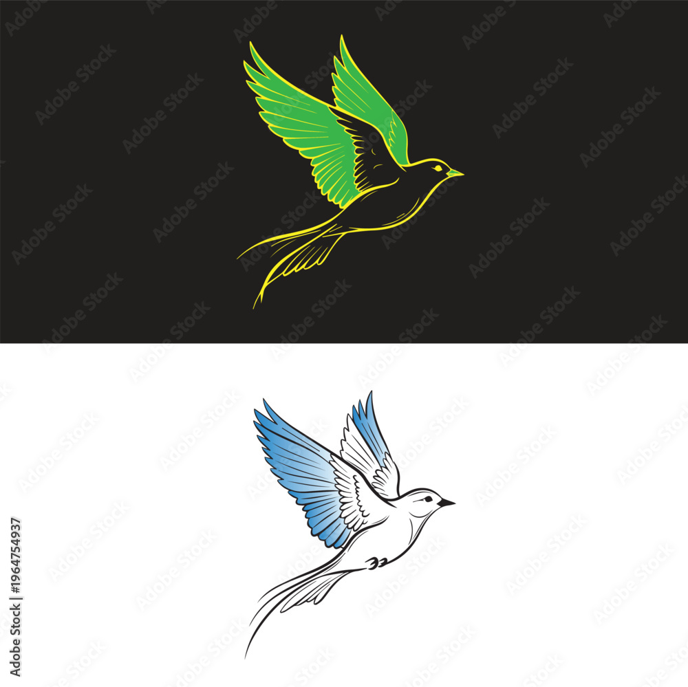 Fototapeta premium Flying Bird Vector Illustration Set with Elegant Line Art in Blue and Yellow Styles on Isolated Background