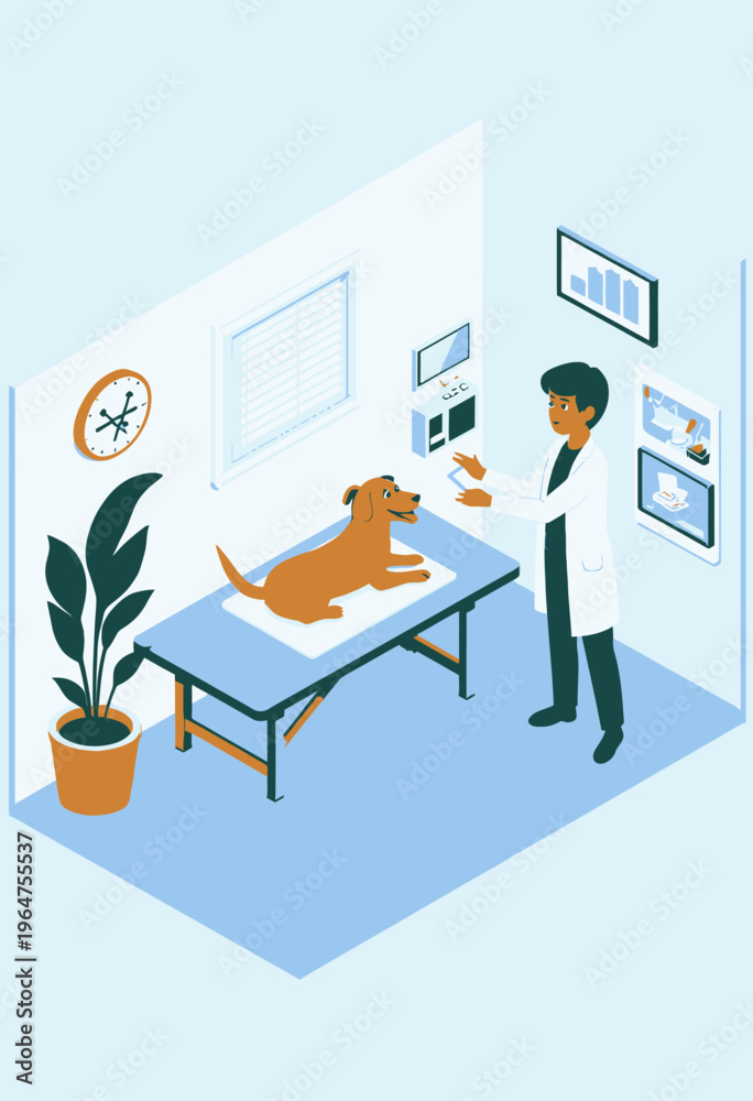 Fototapeta premium Illustration of a Veterinarian Examining a Dog on a Table in a Modern Veterinary Clinic Room with Medical Charts and Equipment