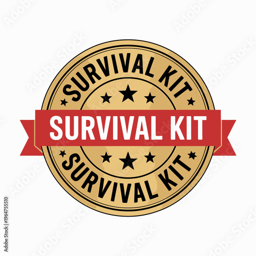 Golden survival kit emblem with red banner and black stars on white background