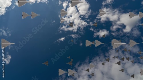 Drone Swarm Flying in Blue Sky Seamless Loop Background with Sunlight