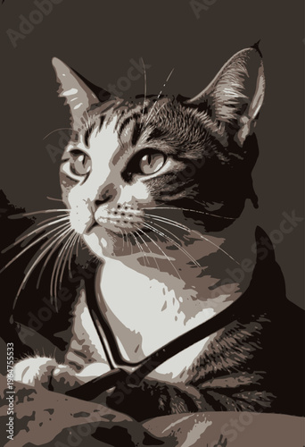 A strikingly patterned tabby cat with piercing golden eyes sits in thoughtful contemplation, wearing a playful stethoscope around its neck, in a serene indoor setting.