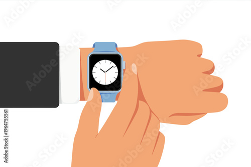 Hand holding smartwatch with white clock face and blue strap on wrist