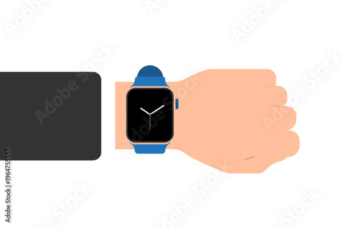 Smartwatch on a hand with blue strap and black screen