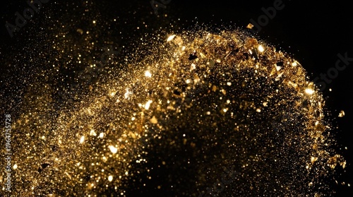 A gold glitter wave bursts across a deep black background, shimmering particles and metallic reflections forming a luxurious and festive abstract composition of celebration and light, photorealistic,