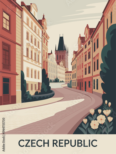 Flat vector retro poster of a sunlit Prague street with cobblestones, gothic and baroque architecture, and lush greenery. Elegant European travel art in muted vintage tones.