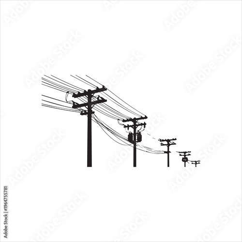 Black silhouette vector illustration of utility poles with electrical transformers and power lines receding into distance, urban infrastructure energy distribution concept artwork