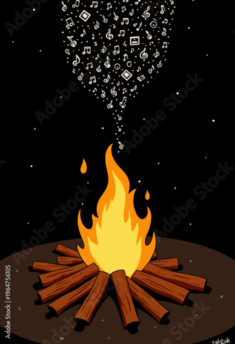 Vibrant Campfire with Musical Symbols Forming Smoke Against a Starry Night Sky Illuminating Dark Surroundings Creating a Magical Atmosphere