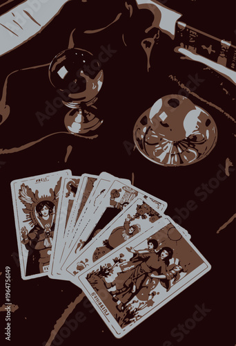 Tarot Cards and Crystal Balls on Velvet Cloth Symbolizing Divination and Mystical Exploration of Future and Inner Self
