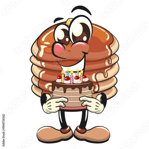 funny pancake stack cartoon mascot with syrup and butter breakfast food vector bring a birthday cake, work of hand drawn