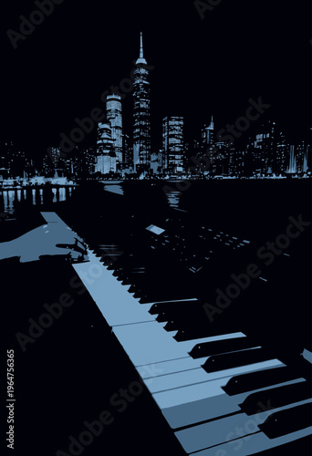 Serene Night Performance Against a Vibrant Cityscape Featuring Illuminated Skyscrapers and an Elegant Solo Pianist Playing Calm Melodies Under the Moonlight