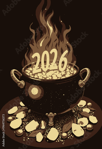 Symbolic Cauldron Filled with Pulsating Red Beans Signifying Prosperity and Growth for the Year 2026 Amidst Mystical Stones and Leaves