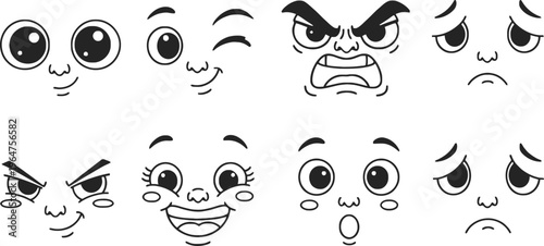 set of expressive cartoon eye emotions and facial expressions flat design vector illustration