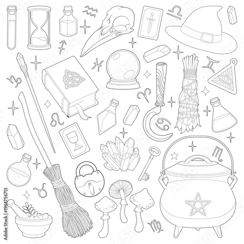 Magic items. Hand drawing illustration.	