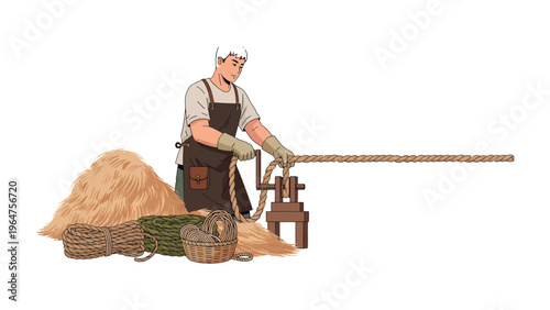 Artisan Crafting a Sturdy Rope: An artisan meticulously crafts a rope, demonstrating traditional techniques and dedication to his craft. The image exudes a sense of history and skill.