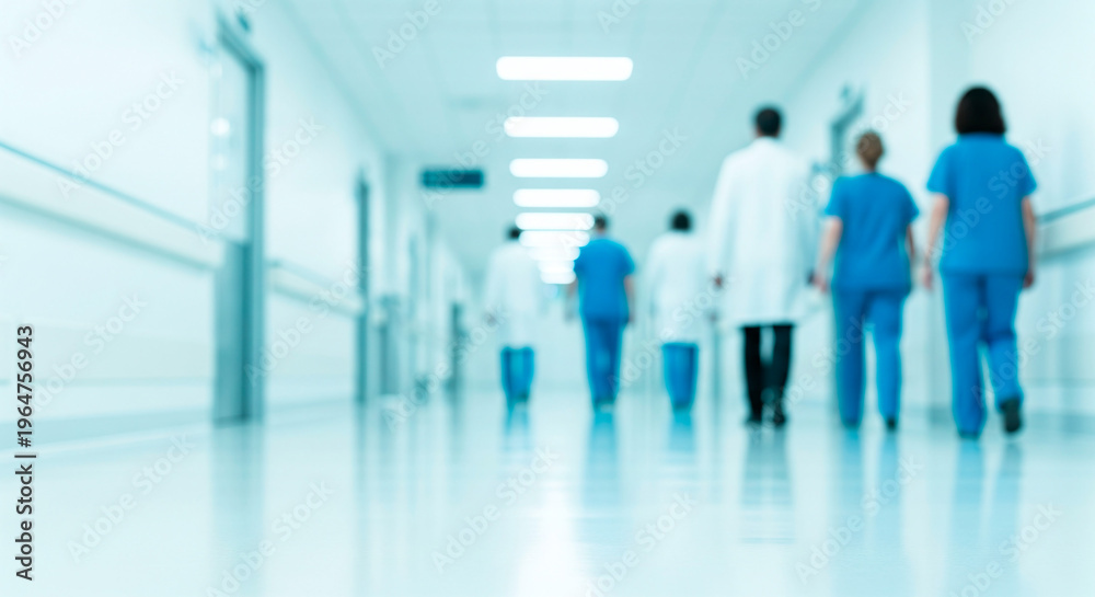 Fototapeta premium Medical professionals walking down a bright, modern hospital corridor