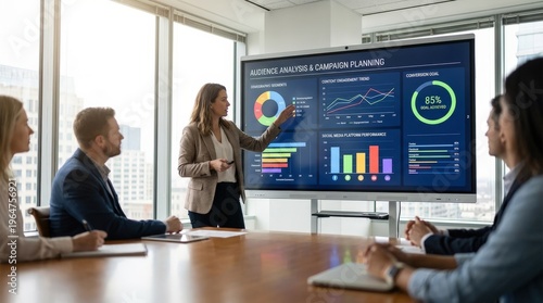A digital marketing director in a bright agency boardroom, standing near a large interactive screen showing an audience analysis and campaign planning dashboard with demographic segmentation charts,